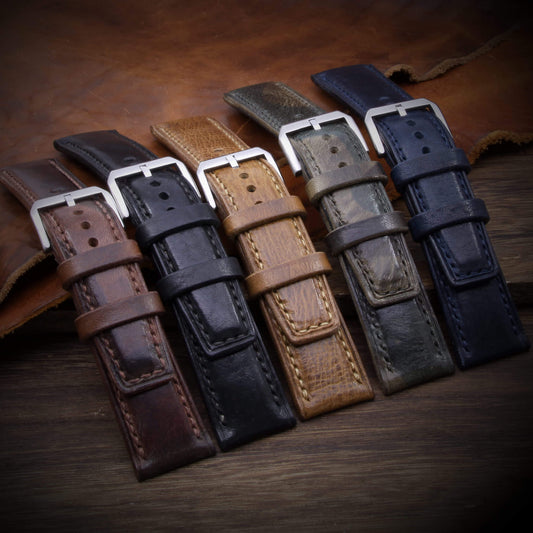 Full Stitch 2-Piece Padded Leather Watch Straps, handcrafted by Cozy Handmade | Full Grain Italian Veg-tanned Leather