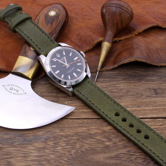 5th View of 2-Piece Full Stitch Leather Watch Strap, made with Pueblo Oliva full grain Italian veg-tanned leather by Cozy Handmade