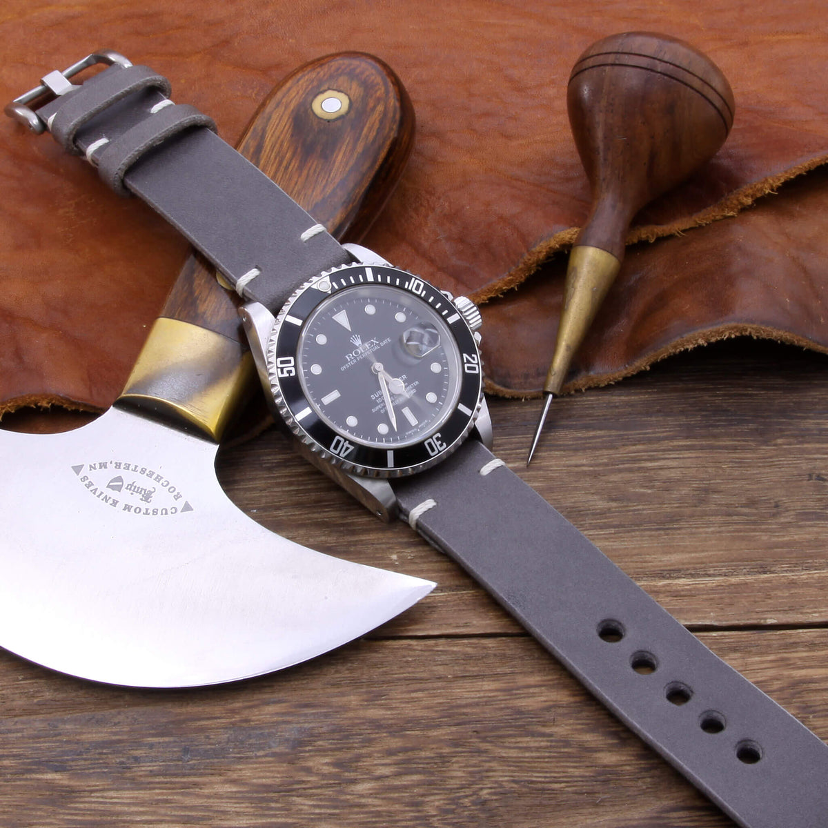 5th View of 2-Piece Minimalist Leather Watch Strap, made with Koala Antracite Italian veg-tanned leather by Cozy Handmade