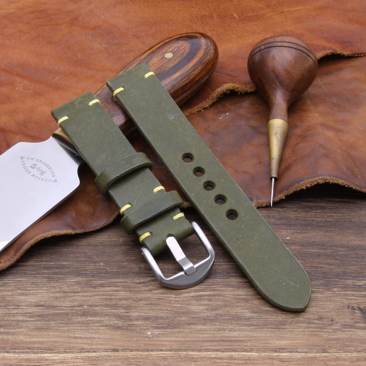 Handcrafted Minimalist Apple Watch strap in Pueblo Oliva vegetable-tanned leather — Cozy Handmade