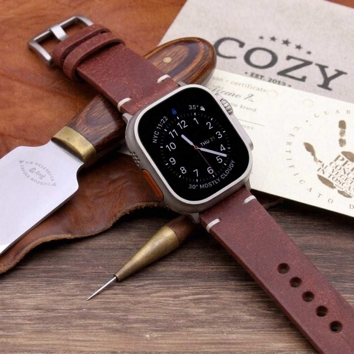 Handcrafted Leather Apple Watch strap, Minimalist style, in Pueblo Cocinella vegetable-tanned leather worn on Apple Watch — Cozy Handmade