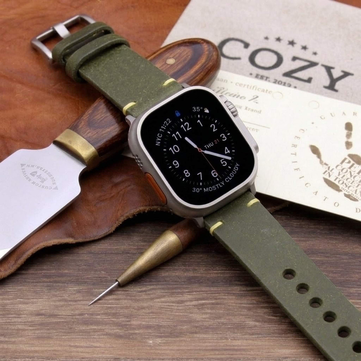 Handcrafted Leather Apple Watch strap, Minimalist style, in Pueblo Oliva vegetable-tanned leather worn on Apple Watch — Cozy Handmade