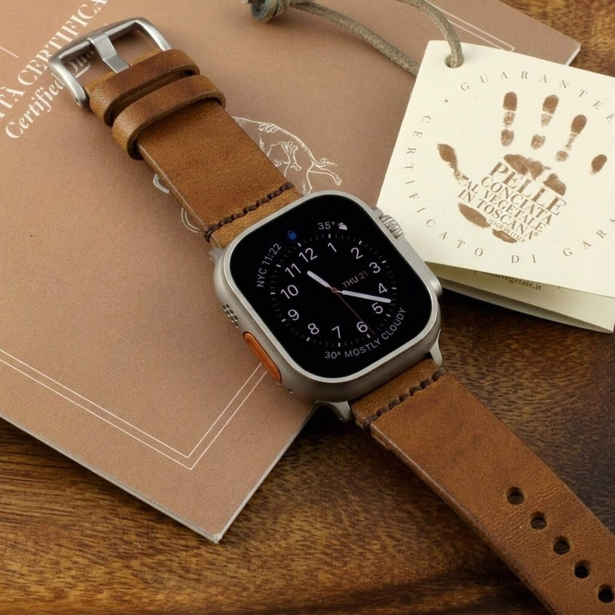 Handmade Leather Apple Watch strap, Minimalist style, in Vintage 401 (Tan Brown) vegetable-tanned leather worn on Apple Watch — Cozy Handmade