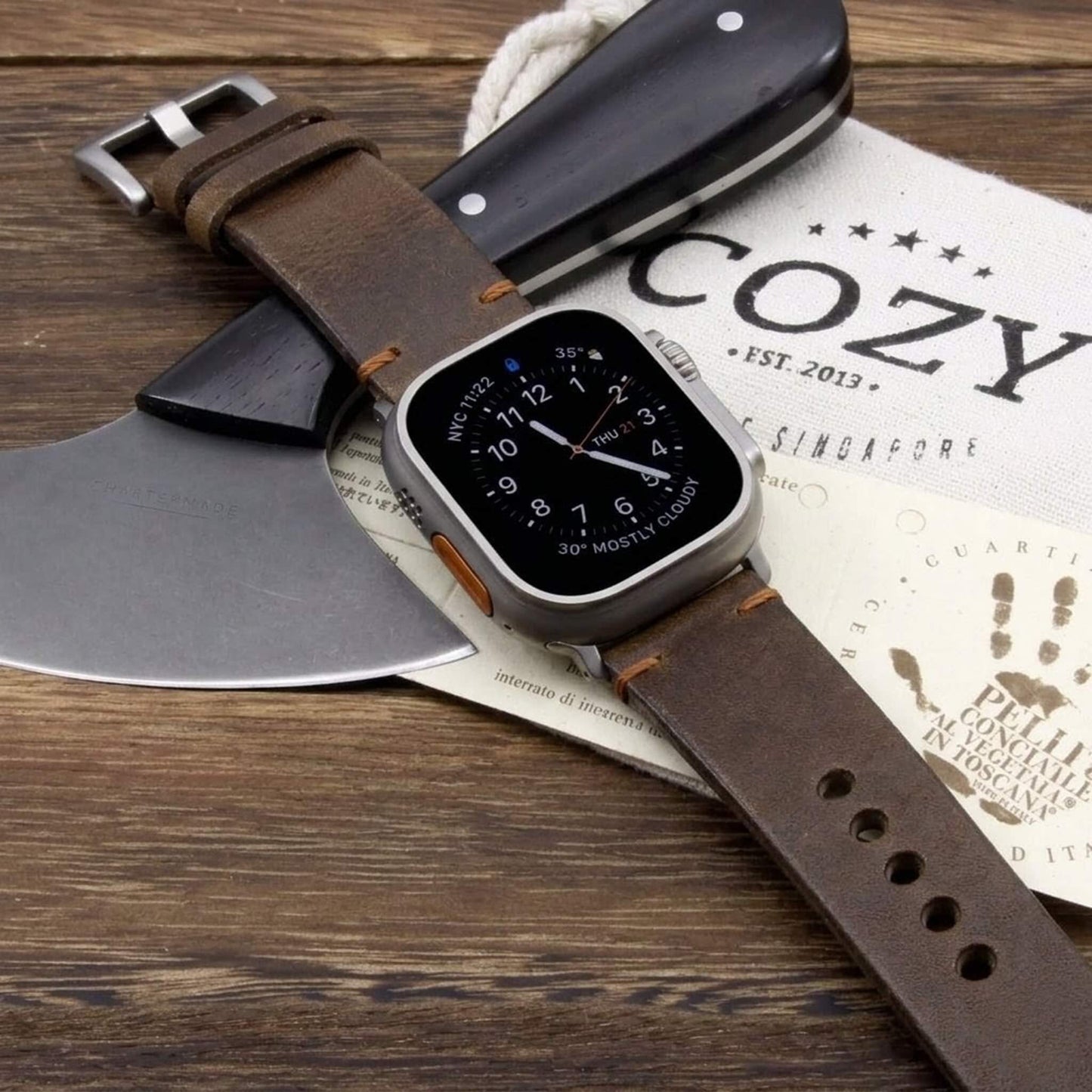 Handmade Leather Apple Watch strap, Minimalist style, in Vintage 404 (Dark Lava Brown) vegetable-tanned leather worn on Apple Watch — Cozy Handmade