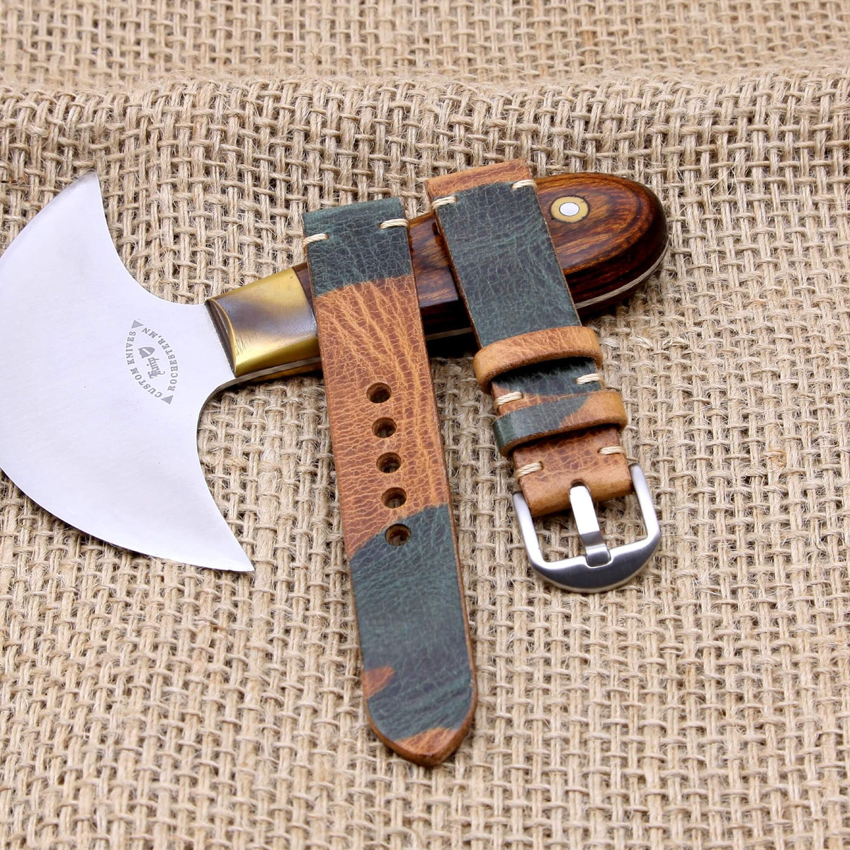 Minimalist Leather Apple Watch strap in Military 101 (Green and Brown Camouflage) vegetable-tanned leather — Cozy Handmade