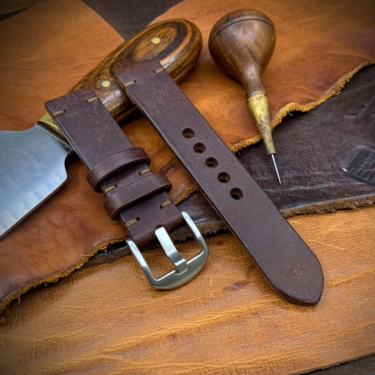 2-Piece Minimalist Leather Watch Strap, made with Pueblo Tobacco full grain Italian veg-tanned leather by Cozy Handmade