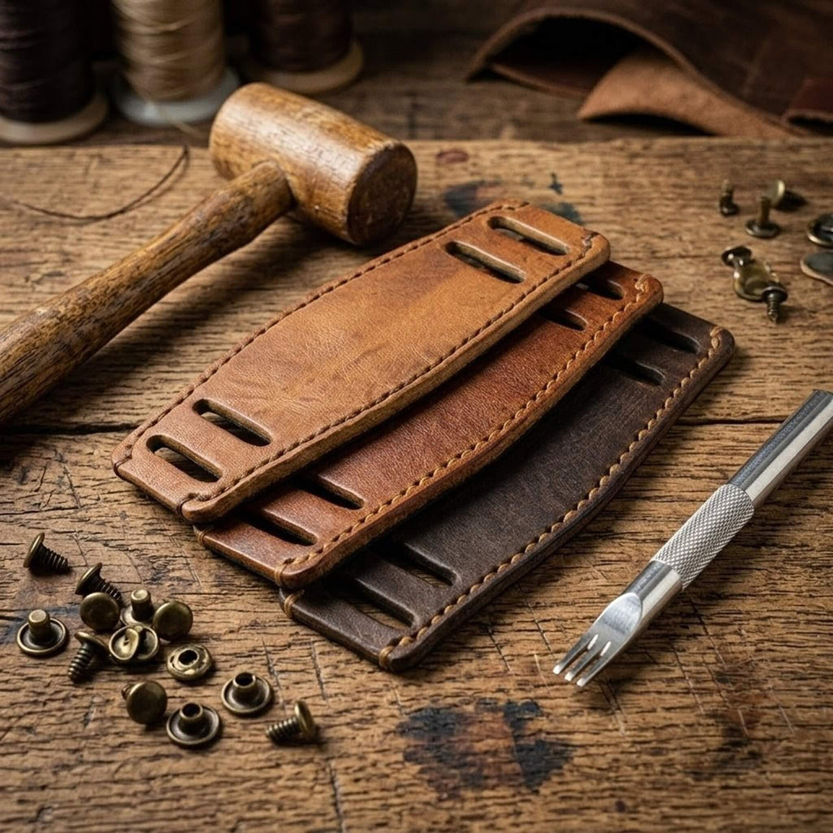 Handmade Italian vegetable tanned leather bund pads in various brown shades | Cozy Handmade Style I Watch Cuff | Watch Strap Accessory | Vintage Leather Series