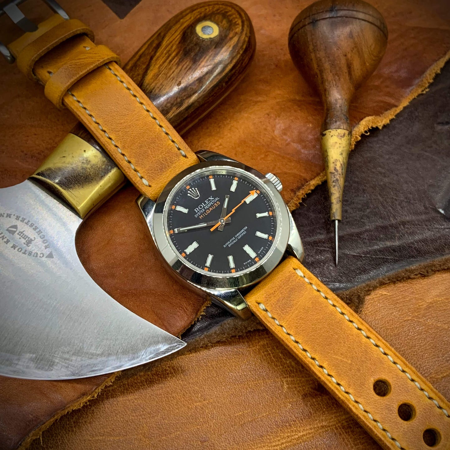 2-Piece Full Stitch Leather Watch Strap, made with Wax Napoli full grain Italian veg-tanned leather by Cozy Handmade