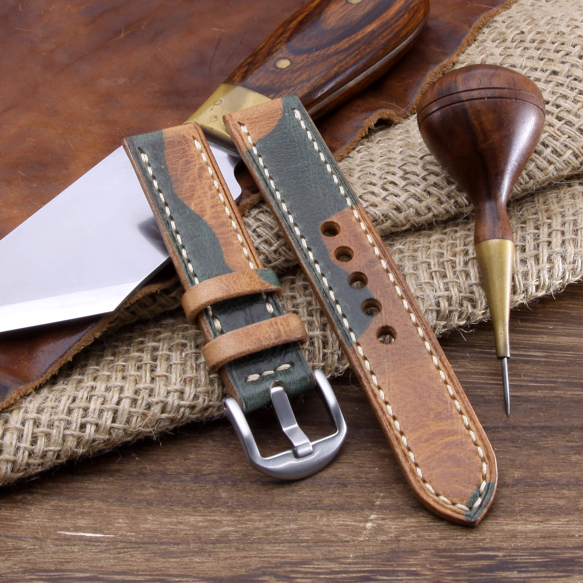 Leather Watch Strap, Military 101 | Full Stitch | Full Grain Italian Vegetable Tanned Leather | Cozy Handmade
