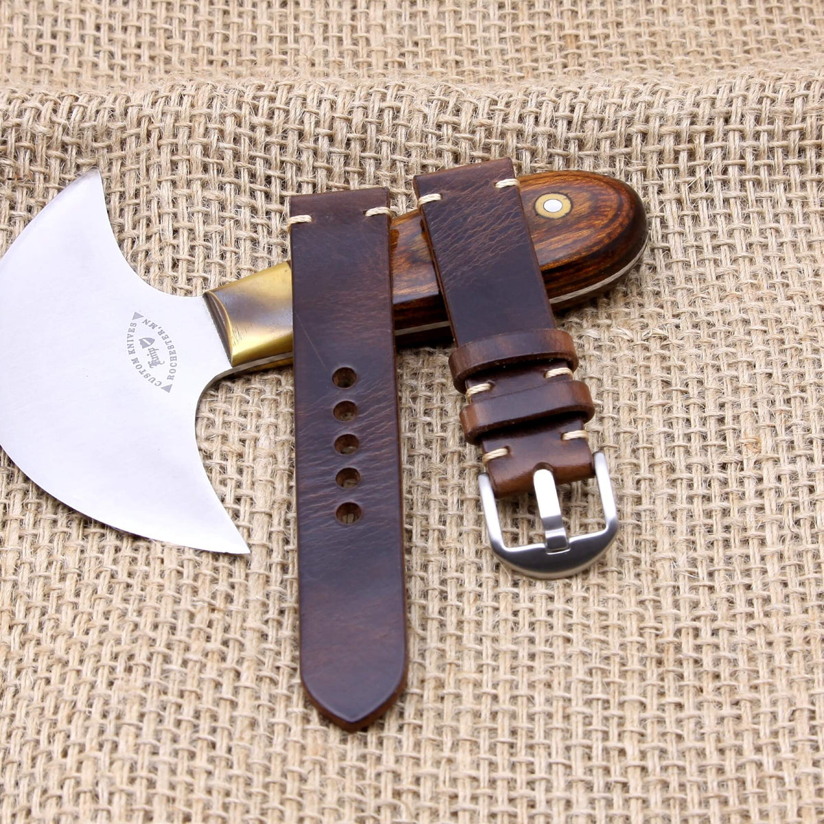 Handcrafted Minimalist Leather Apple Watch strap in Military 103 (camouflage) vegetable-tanned leather — Cozy Handmade