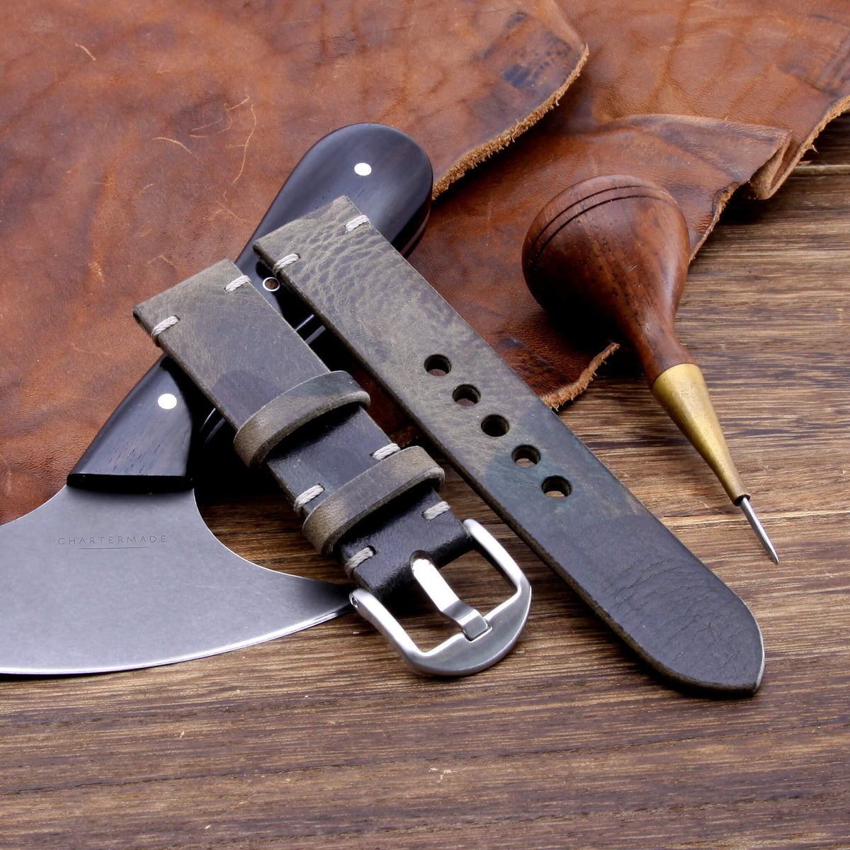 Handcrafted Minimalist Leather Apple Watch strap in Military 107 (Camouflage) vegetable-tanned leather — Cozy Handmade