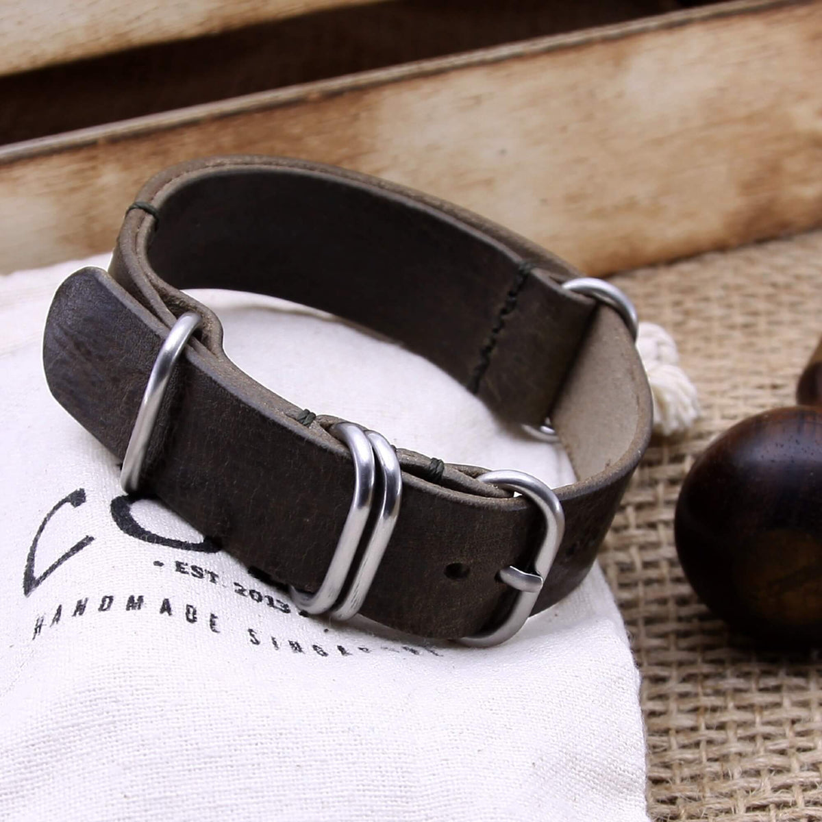 NAT2 Leather Watch Strap, 5-Ring Vintage 408 | Full Grain Italian Veg Tanned | Cozy Handmade