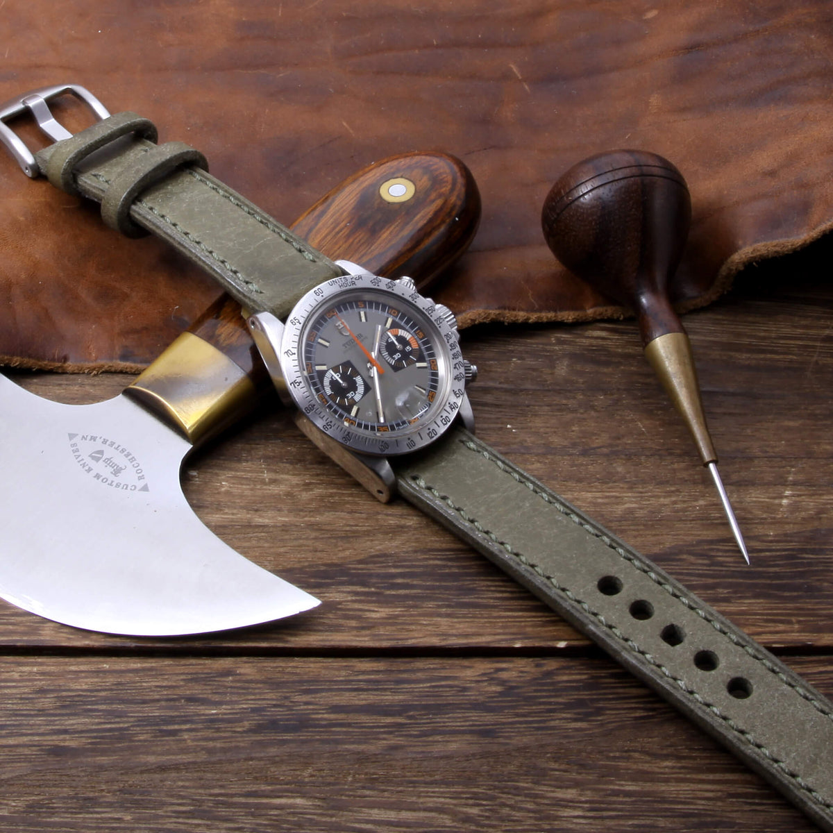 Leather Watch Strap, Rustic Olive | Full Stitch | Full Grain Italian Veg Tanned Leather | Cozy Handmade