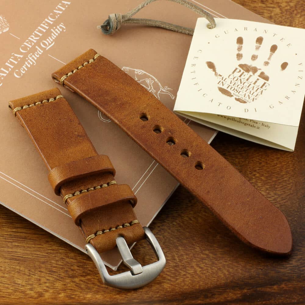 Handcrafted Minimalist Leather Apple Watch strap in Vintage 403 (Tan) vegetable-tanned leather — Cozy Handmade