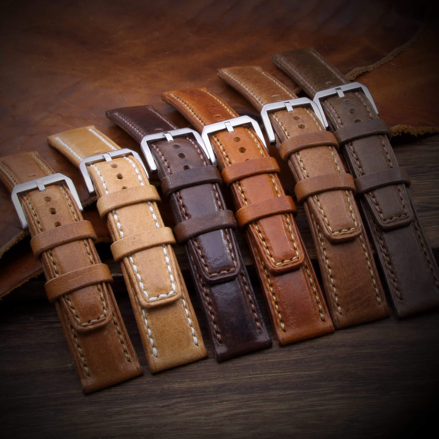 Full stitch padded leather watch straps in multiple colours  — handcrafted from full grain Italian vegetable-tanned  leather by Cozy Handmade, Singapore