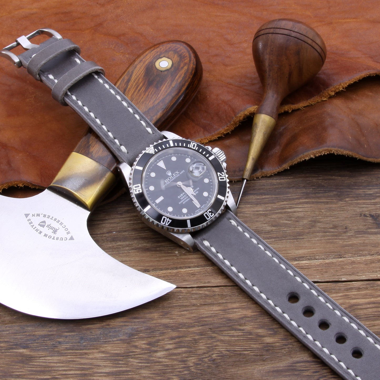 5th View of 2-Piece Full Stitch Leather Watch Strap, made with Koala Antracite Italian veg-tanned leather by Cozy Handmade