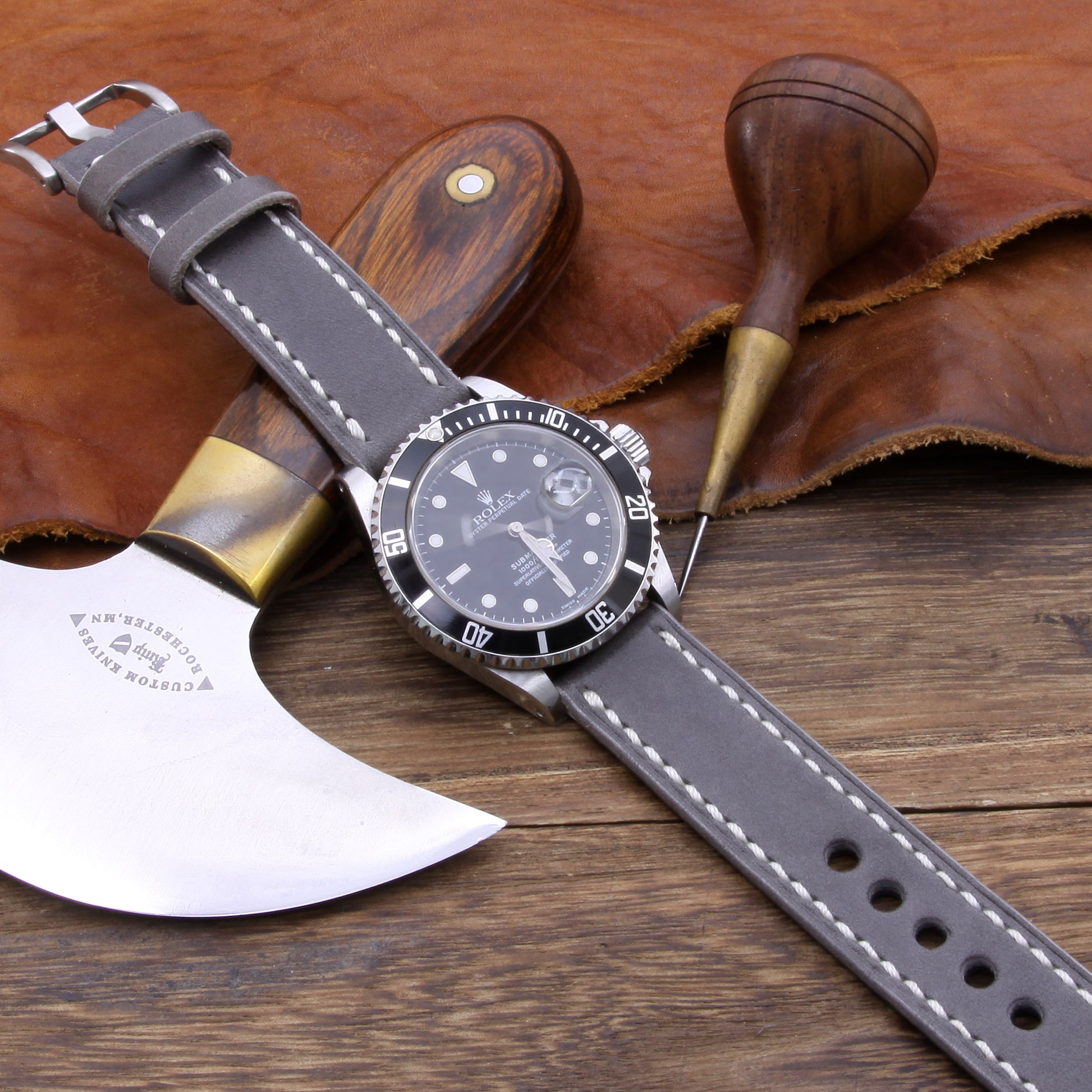 5th View of 2-Piece Full Stitch Leather Watch Strap, made with Koala Antracite Italian veg-tanned leather by Cozy Handmade