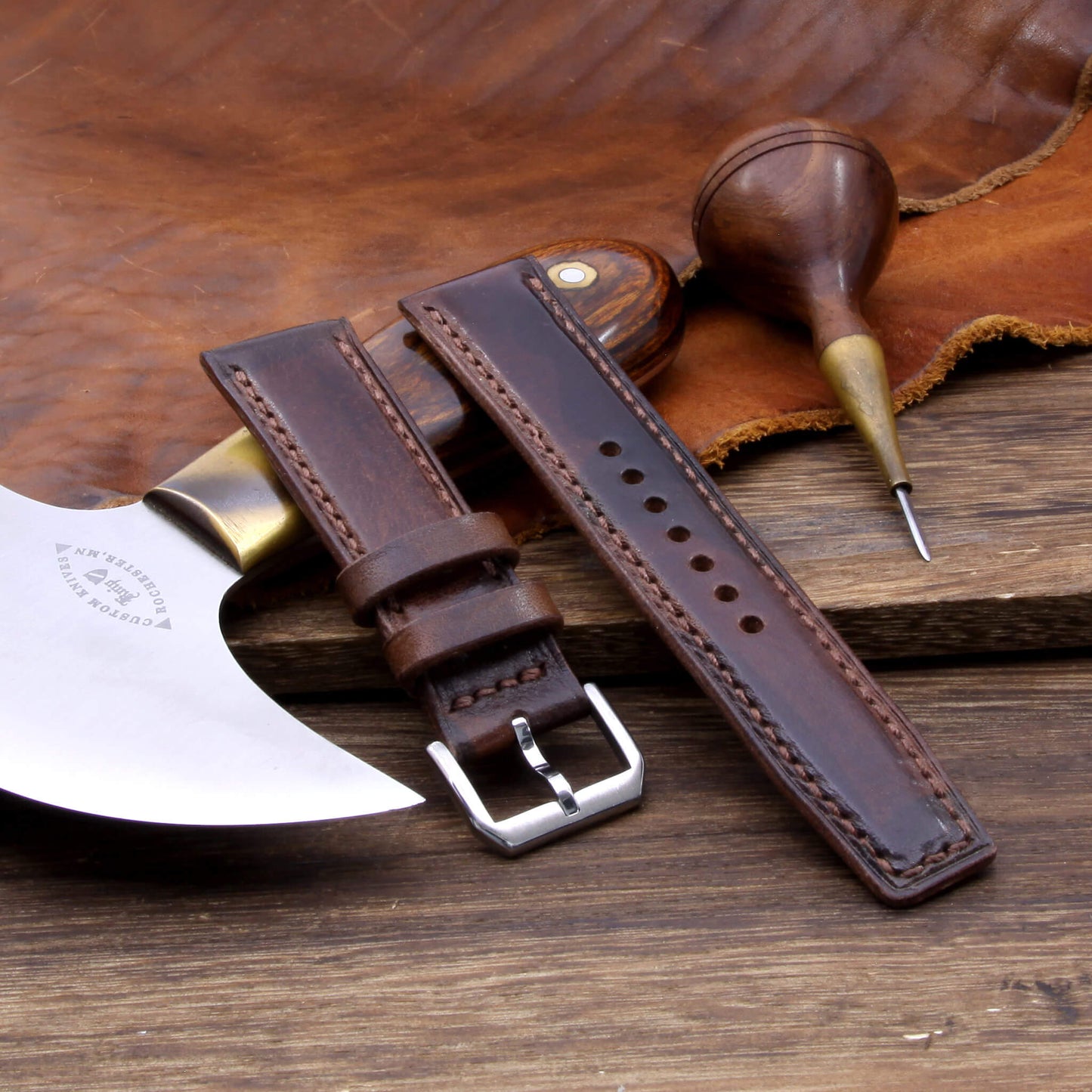 Leather Watch Strap, Military 103 |  Full Stitch | Padded | Full Grain Italian Veg Tanned | Cozy Handmade