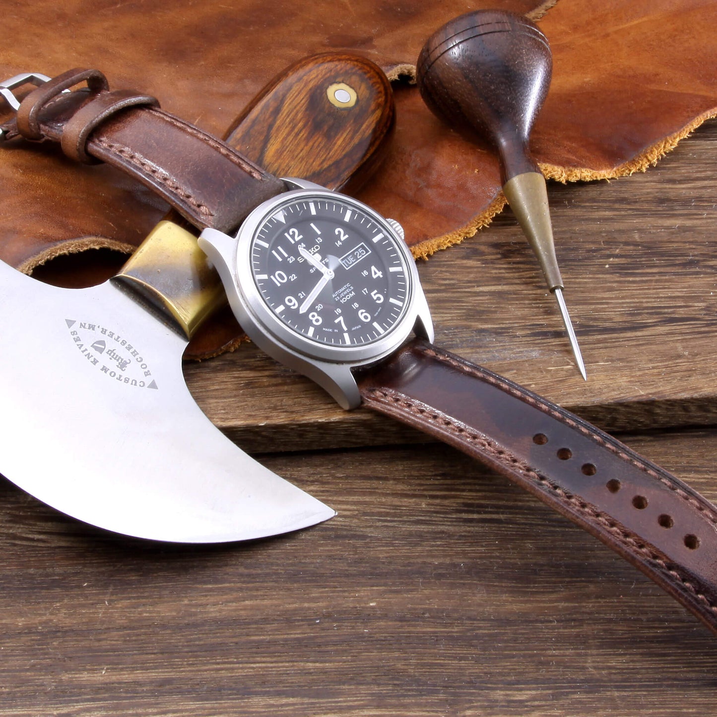 Leather Watch Strap, Military 103 |  Full Stitch | Padded | Full Grain Italian Veg Tanned | Cozy Handmade