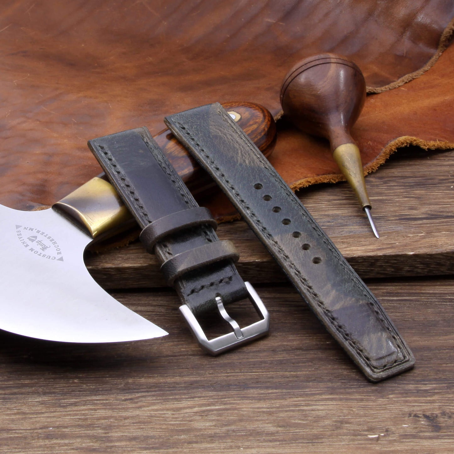Leather Watch Strap, Military 107 |  Full Stitch | Padded | Full Grain Italian Veg Tanned | Cozy Handmade