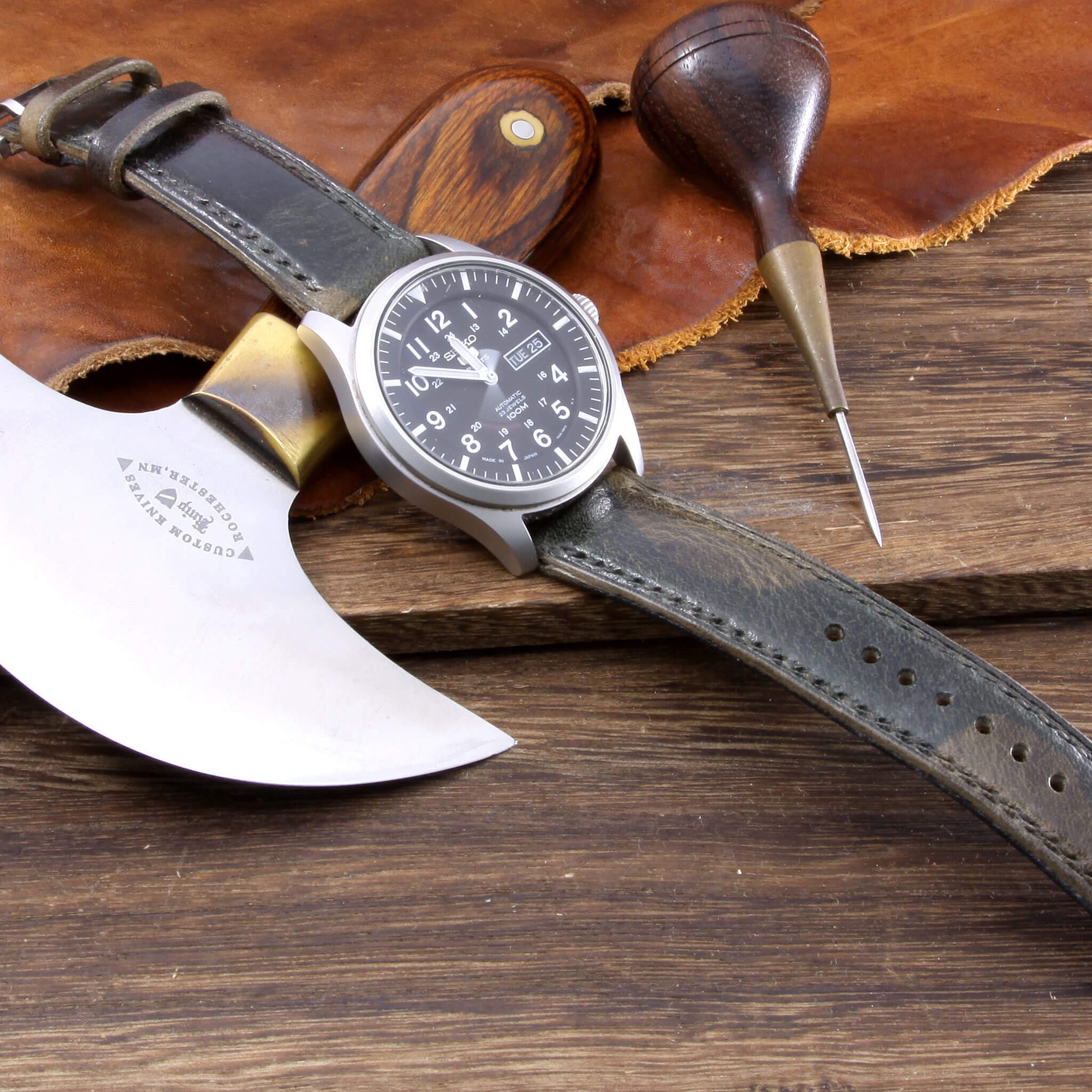 Leather Watch Strap, Military 107 |  Full Stitch | Padded | Full Grain Italian Veg Tanned | Cozy Handmade