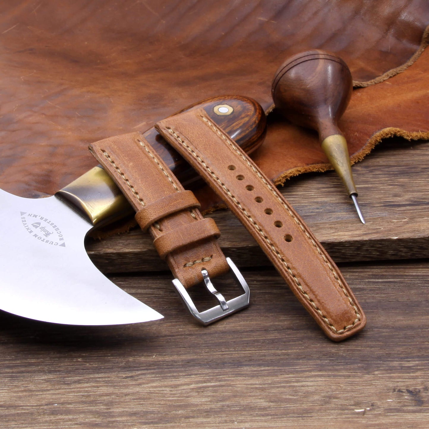 Leather Watch Strap, Vintage 401 |  Full Stitch | Padded | Full Grain Italian Veg Tanned | Cozy Handmade