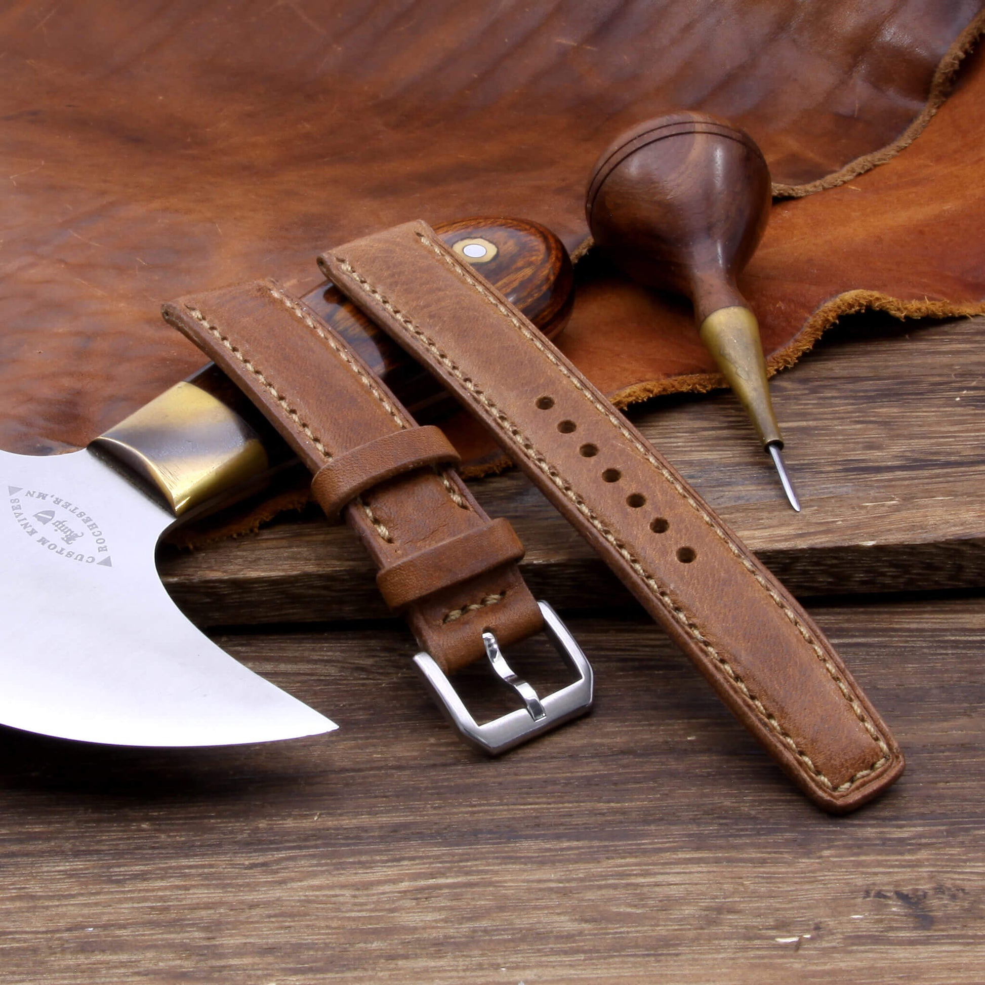 Leather Watch Strap, Vintage 402 |  Full Stitch | Padded | Full Grain Italian Veg Tanned | Cozy Handmade
