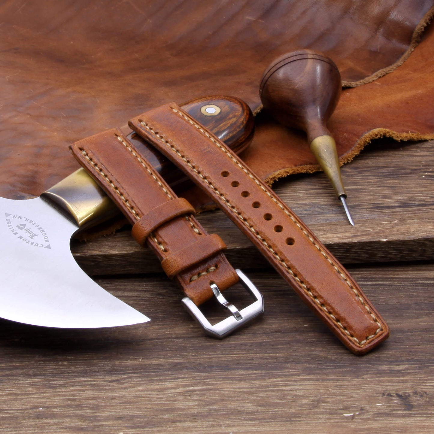 Leather Watch Strap, Vintage 403 |  Full Stitch | Padded | Full Grain Italian Veg Tanned | Cozy Handmade