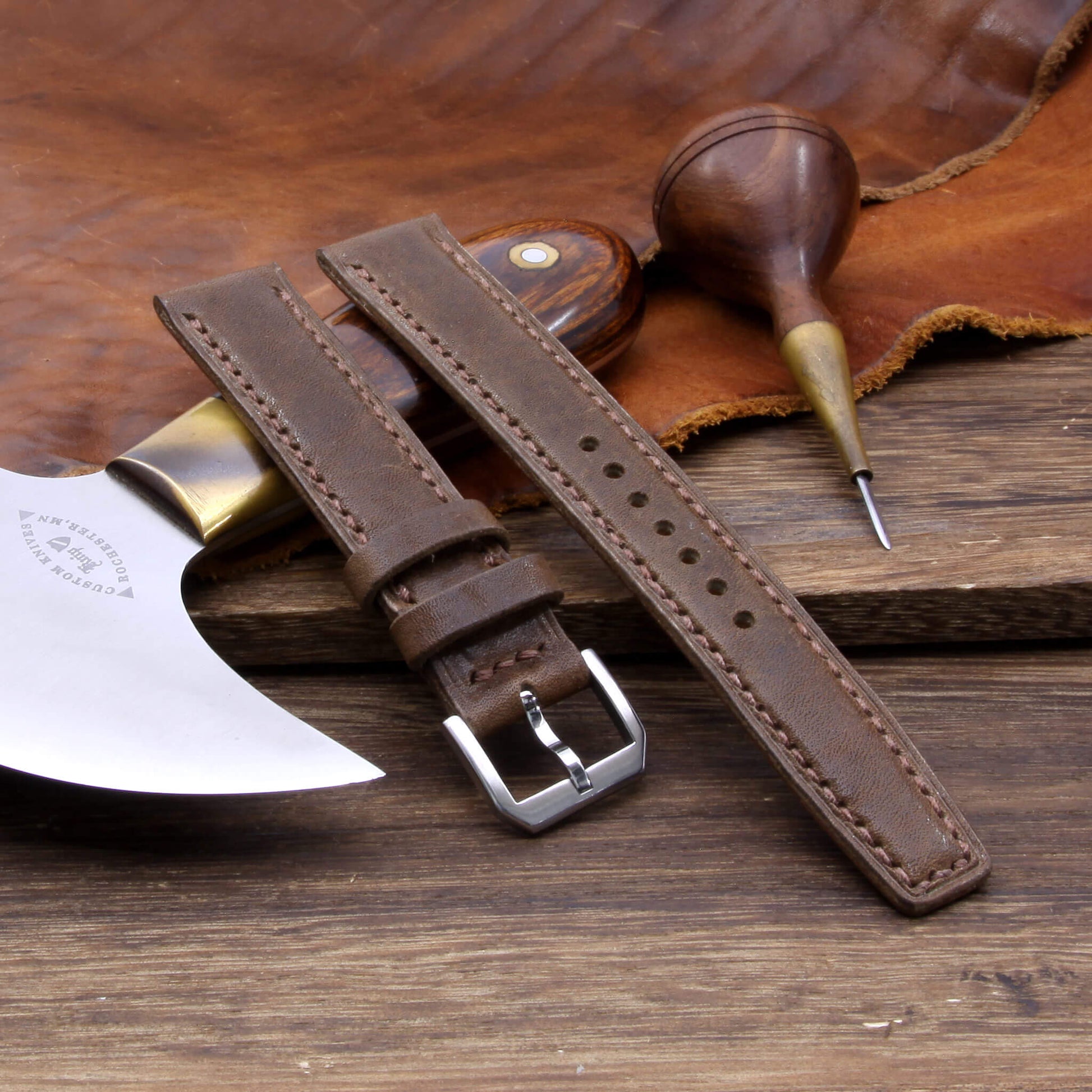Leather Watch Strap, Vintage 404 |  Full Stitch | Padded | Full Grain Italian Veg Tanned | Cozy Handmade