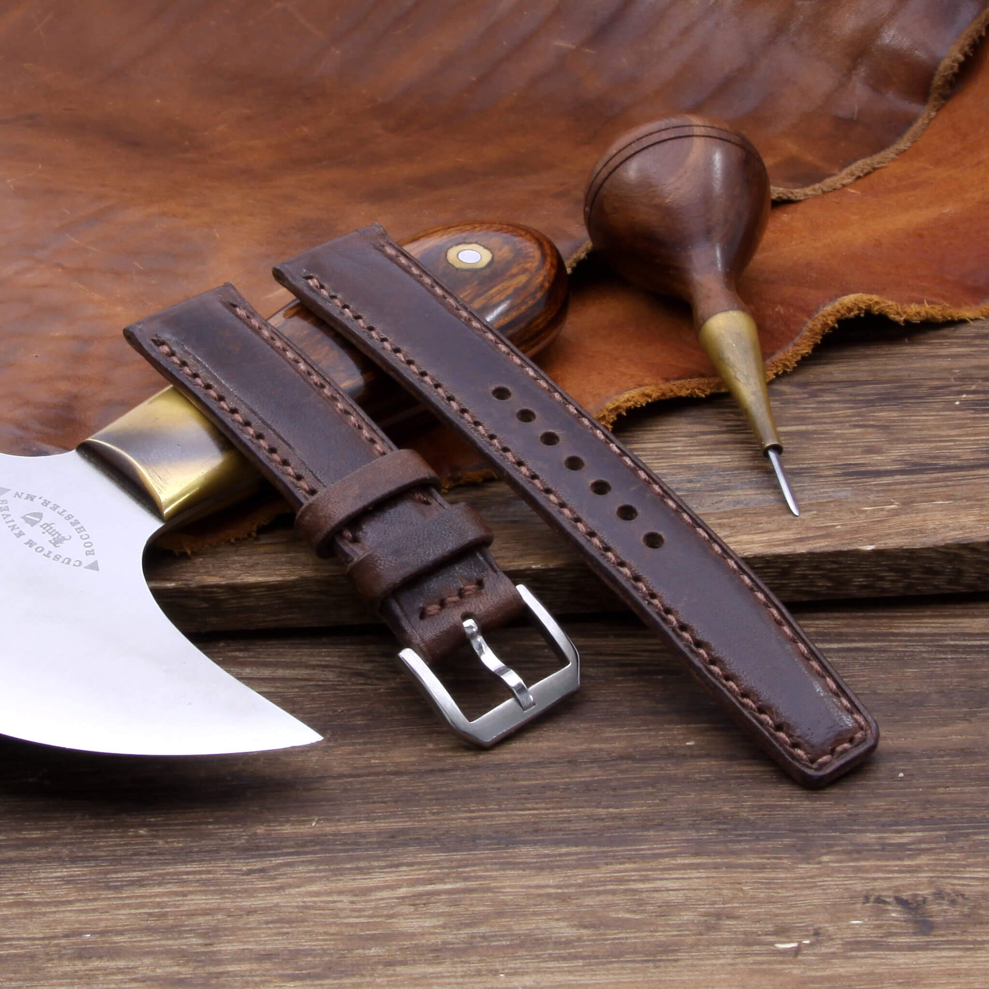 Leather Watch Strap, Vintage 405 |  Full Stitch | Padded | Full Grain Italian Veg Tanned | Cozy Handmade