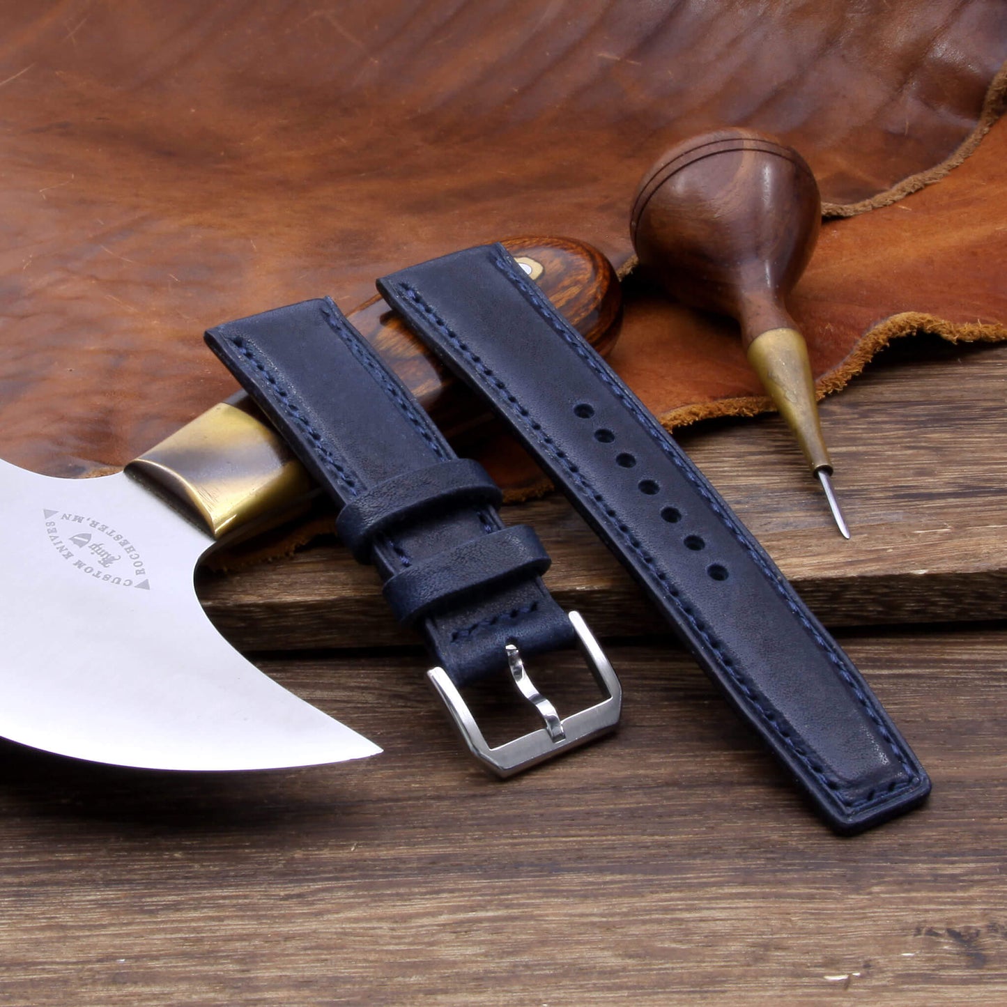 Leather Watch Strap, Vintage 407|  Full Stitch | Padded | Full Grain Italian Veg Tanned | Cozy Handmade