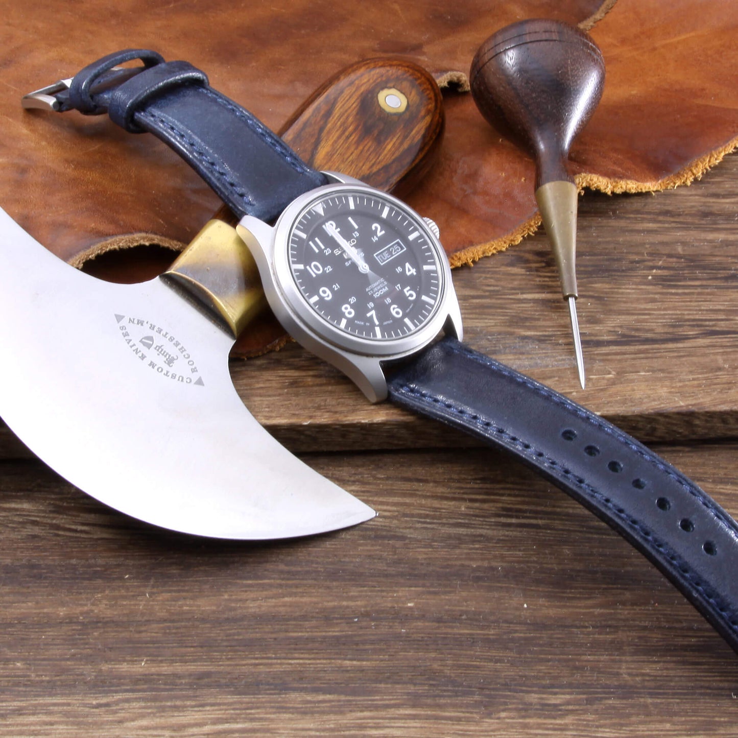 Leather Watch Strap, Vintage 407|  Full Stitch | Padded | Full Grain Italian Veg Tanned | Cozy Handmade