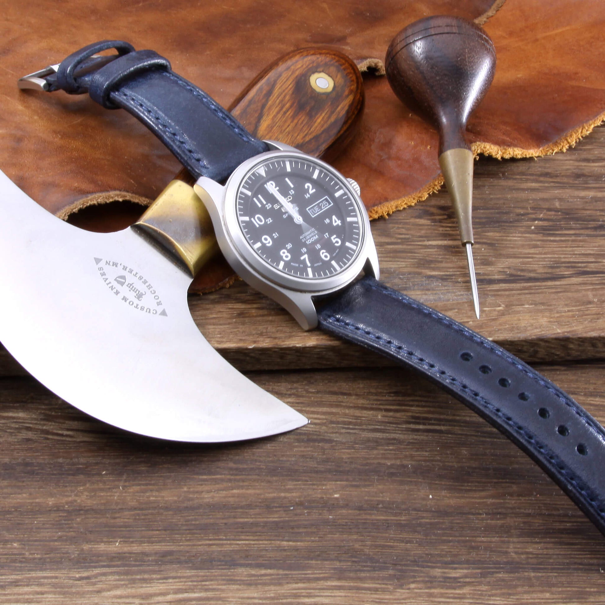 Leather Watch Strap, Vintage 407|  Full Stitch | Padded | Full Grain Italian Veg Tanned | Cozy Handmade