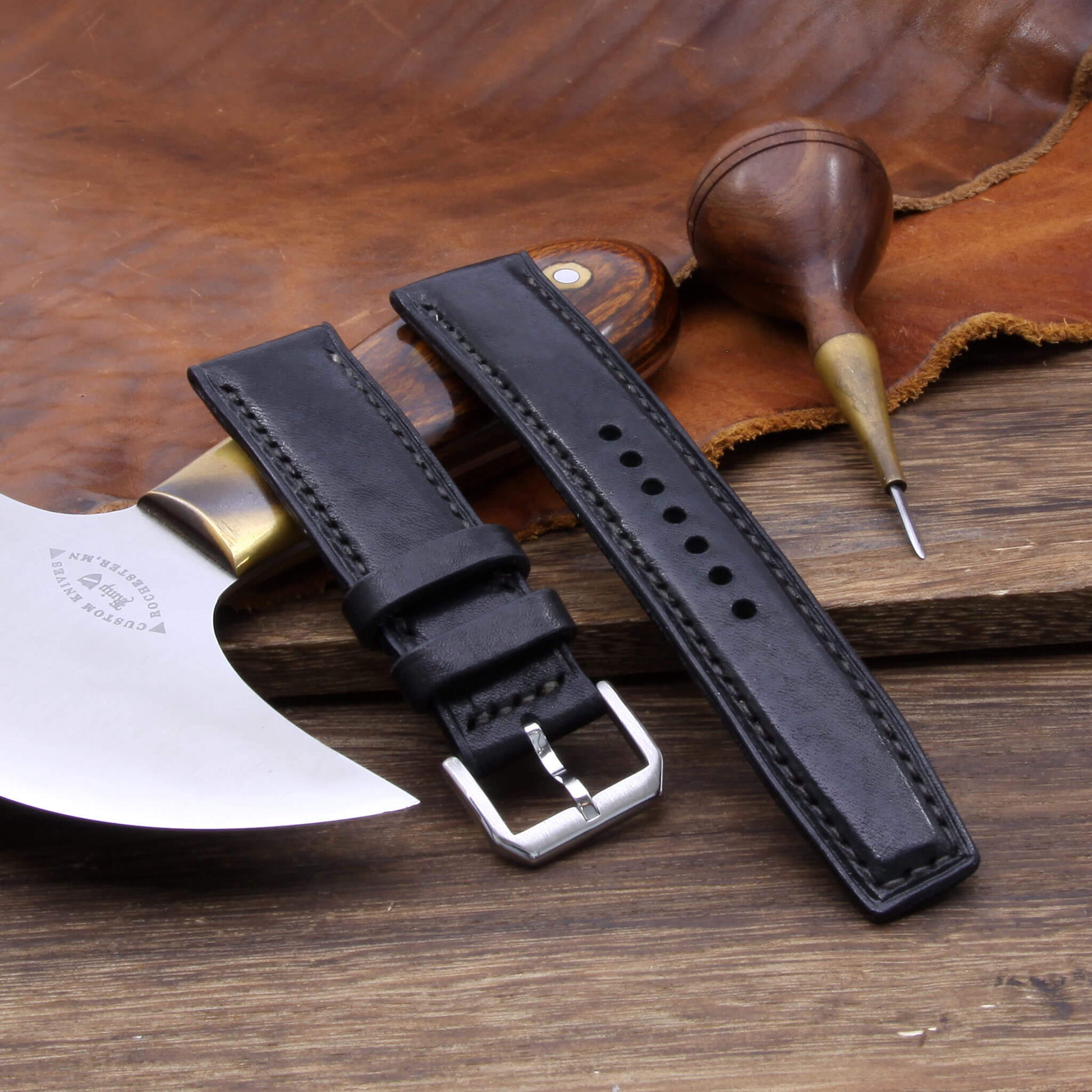 Leather Watch Strap, Vintage Nero | Full Stitch | Padded | Full Grain Italian Veg Tanned | Cozy Handmade