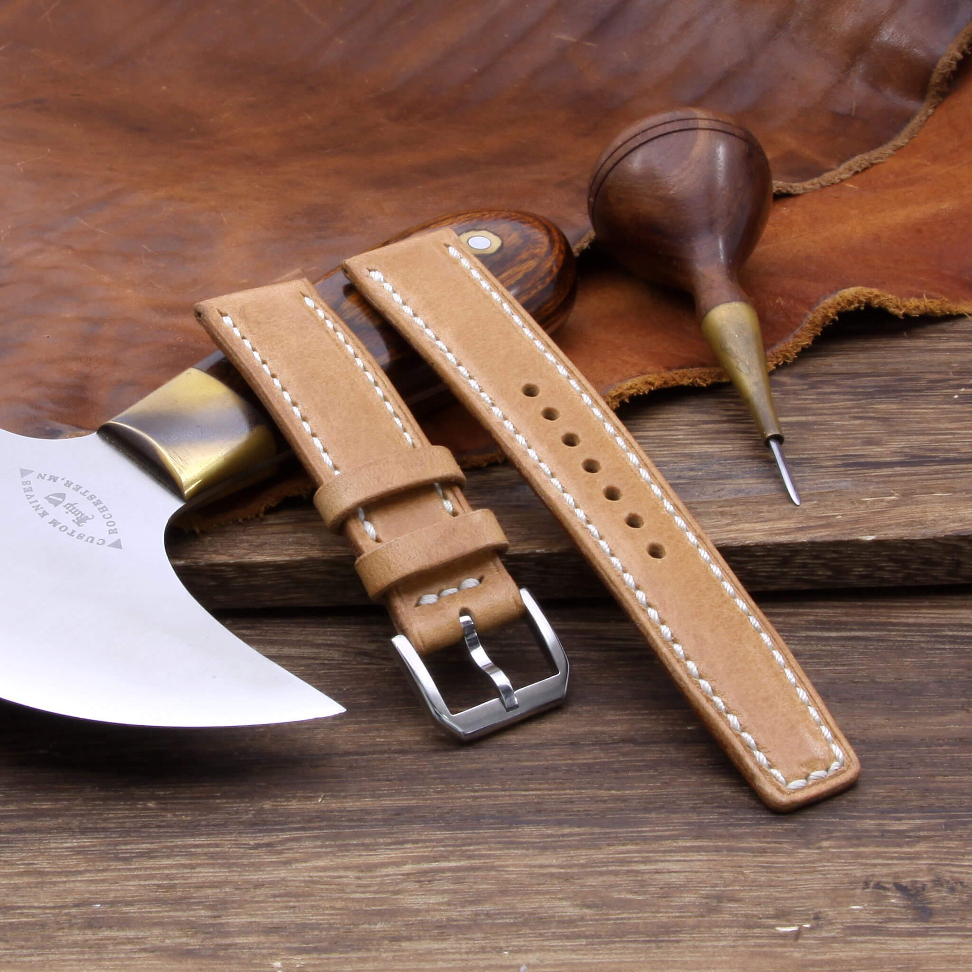 Leather Watch Strap, Sequoia 101 | Full Stitch | Padded | Full Grain Italian Veg Tanned | Cozy Handmade