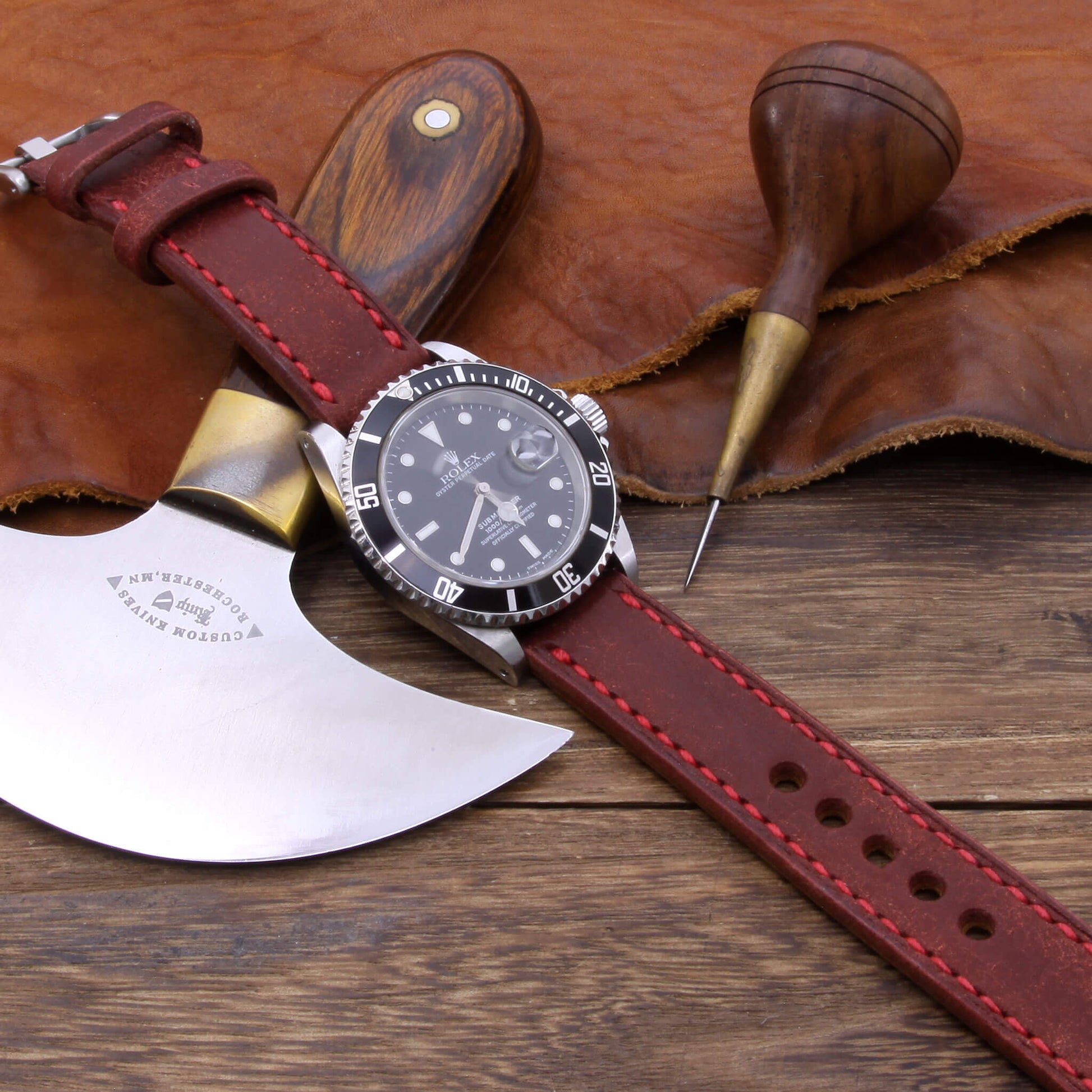 2-Piece Full Stitch Leather Watch Strap, made with Pueblo Cocinella full grain Italian veg-tanned leather by Cozy Handmade