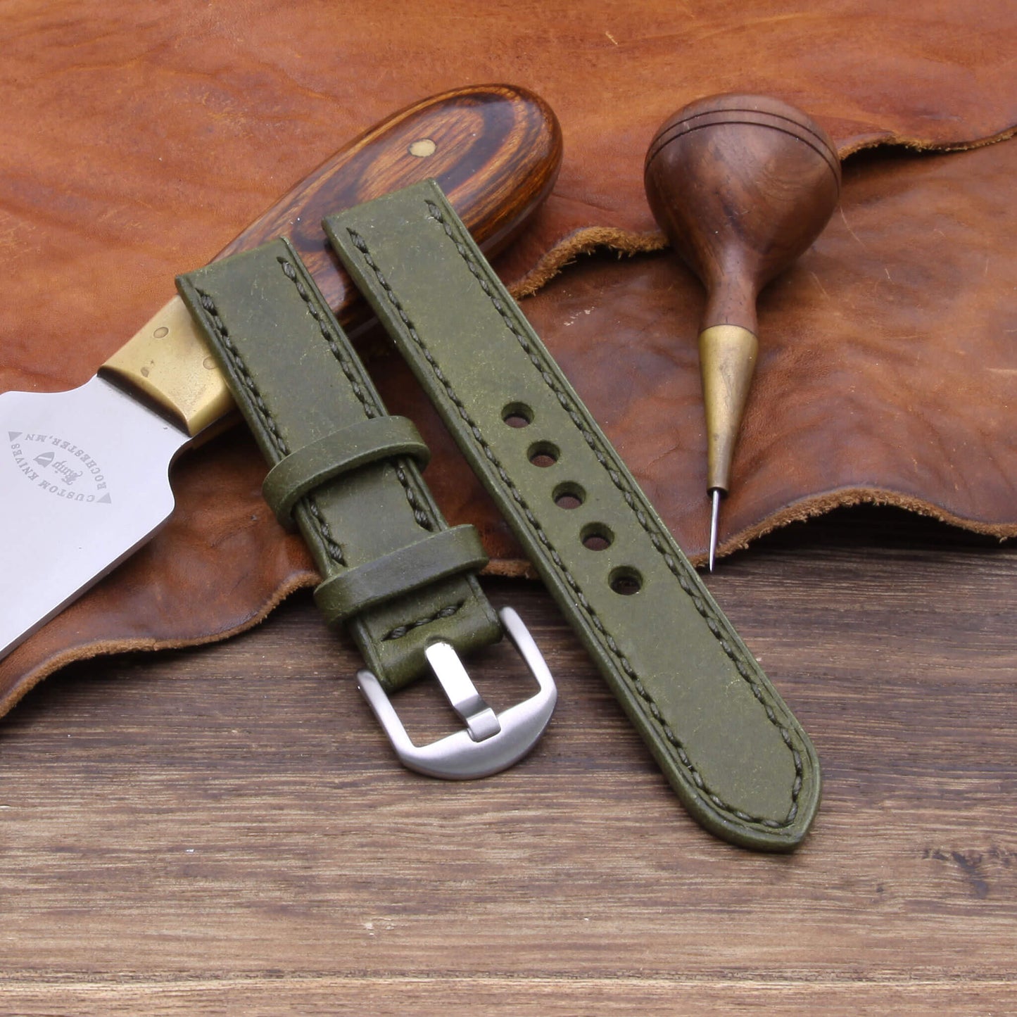 2-Piece Full Stitch Leather Watch Strap, made with Pueblo Oliva full grain Italian veg-tanned leather by Cozy Handmade