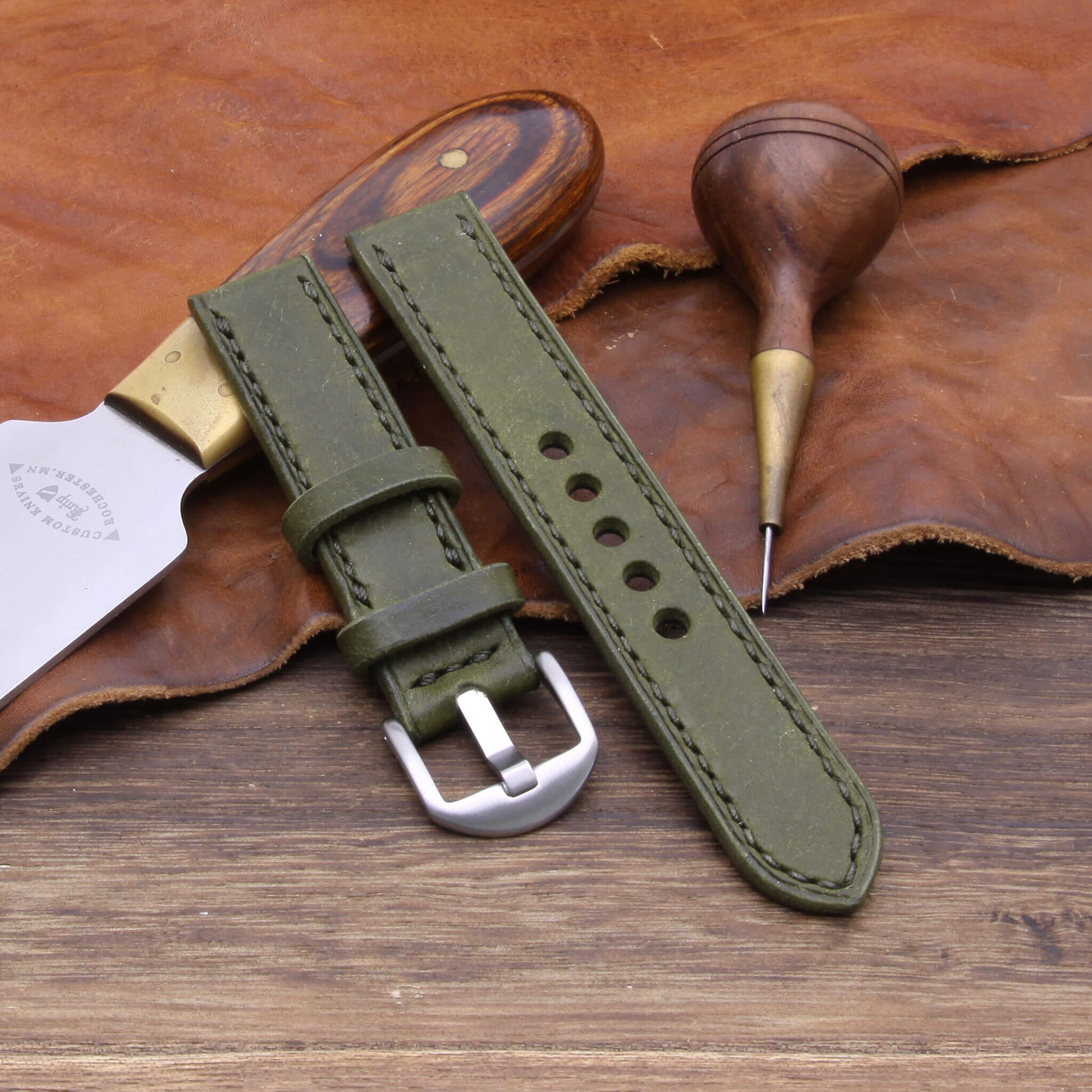 2-Piece Full Stitch Leather Watch Strap, made with Pueblo Oliva full grain Italian veg-tanned leather by Cozy Handmade