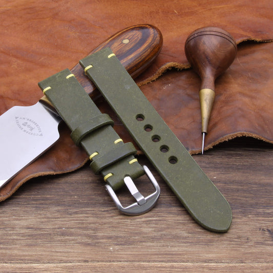 Minimalist Apple Watch strap in Pueblo Oliva vegetable-tanned leather — Cozy Handmade