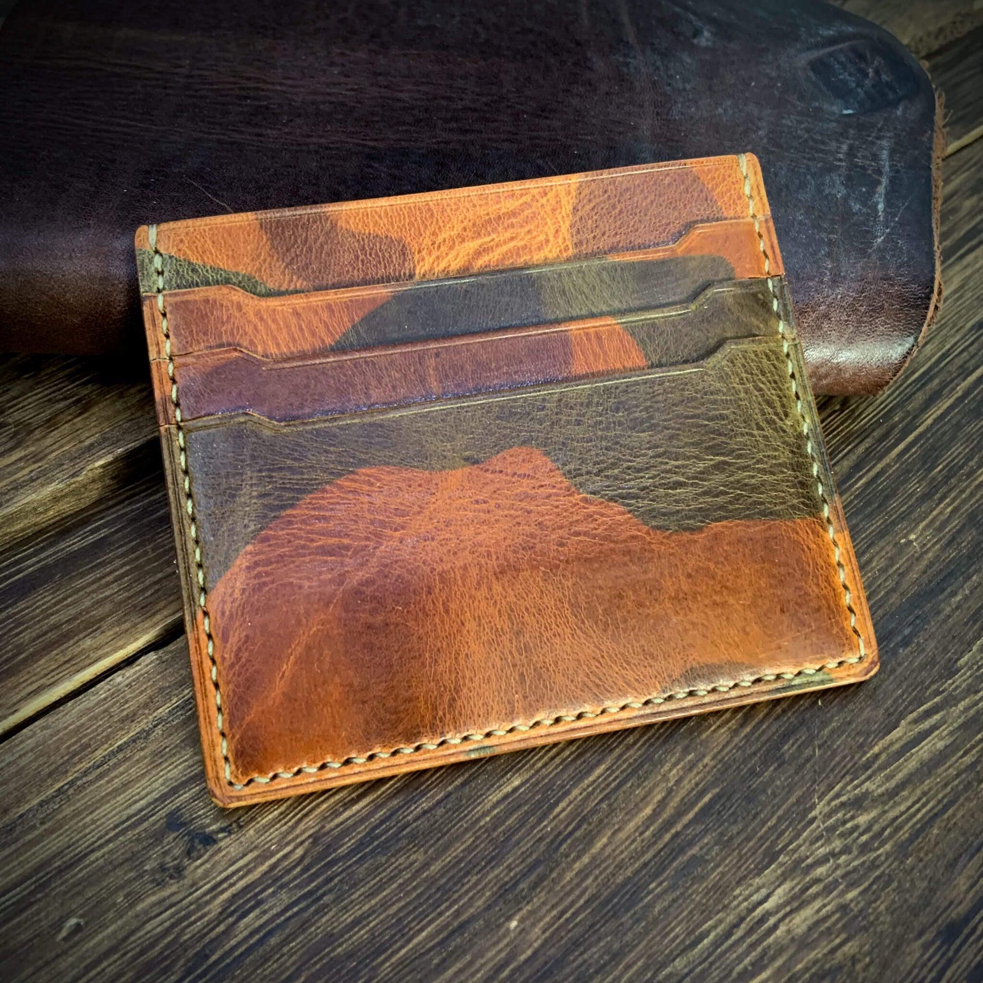 COZY Handmade Everyday Card Wallet in Military 101  — full grain Italian vegetable-tanned leather, 3 card slots, center cash pocket, hand-stitched, made in Singapore