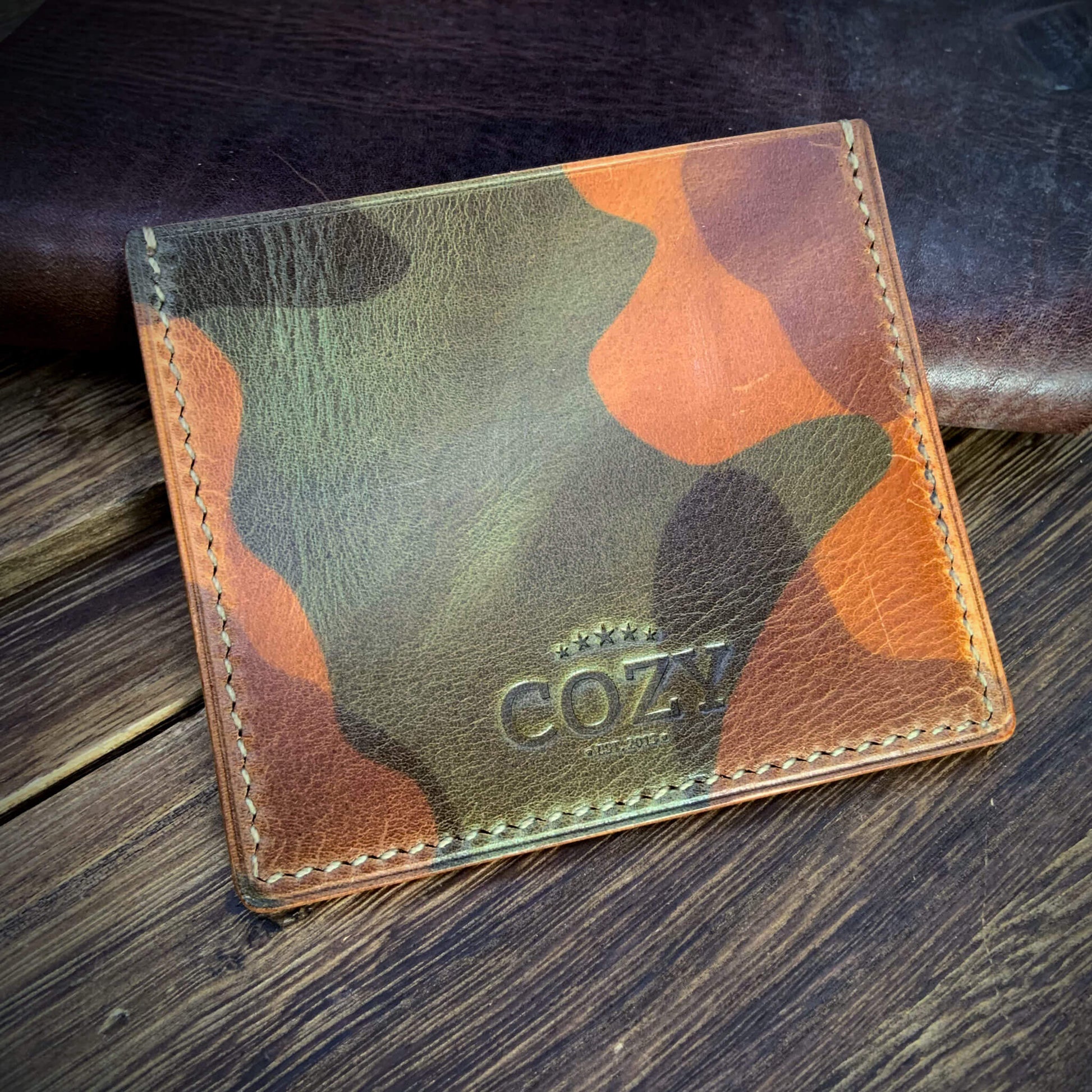 COZY Handmade Everyday Card Wallet in Military 101 showing embossed COZY Est. 2013 stamp — full grain veg tan leather handcrafted in Singapore