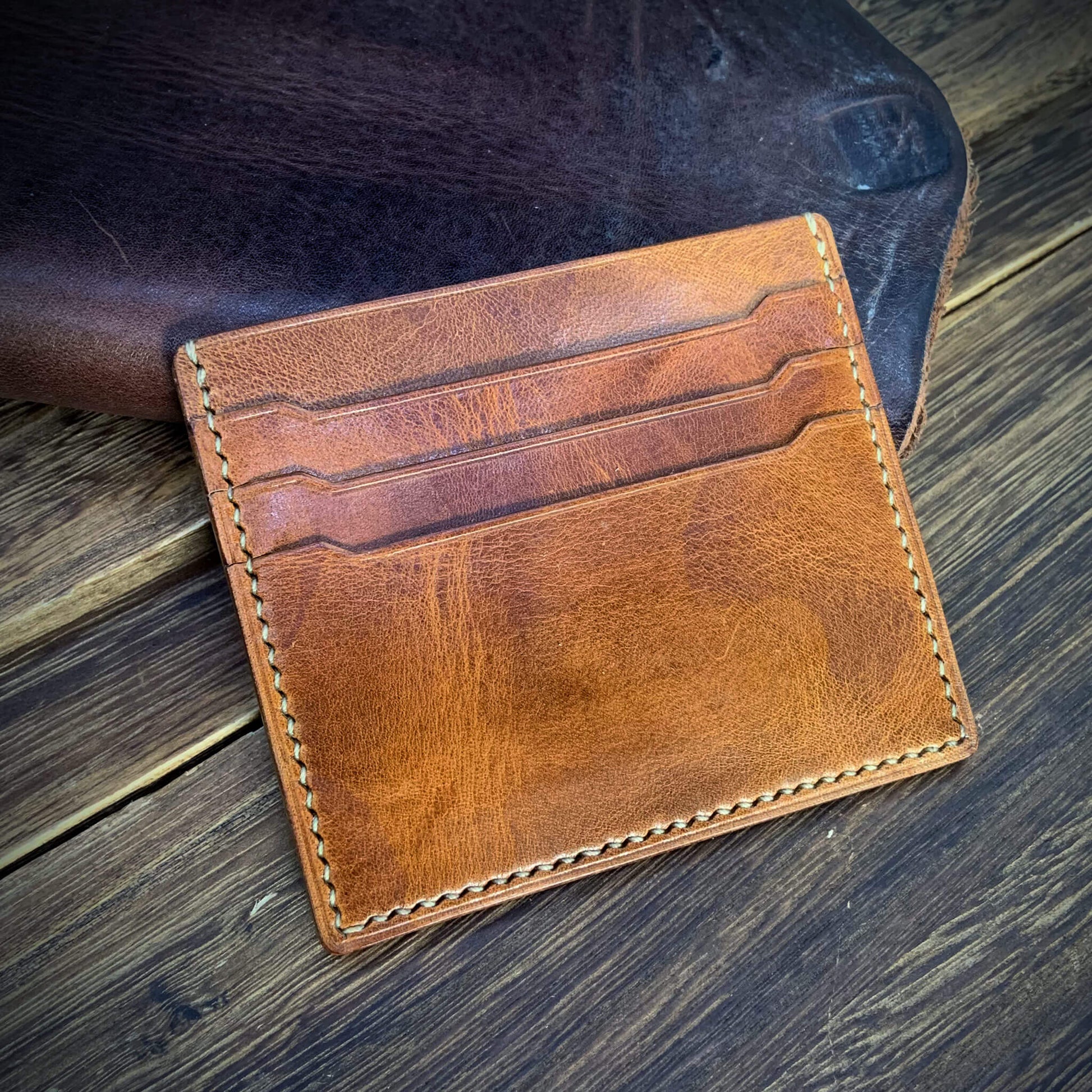 COZY Handmade Everyday Card Wallet in Military 102  — full grain Italian vegetable-tanned leather, 3 card slots, center cash pocket, hand-stitched, made in Singapore