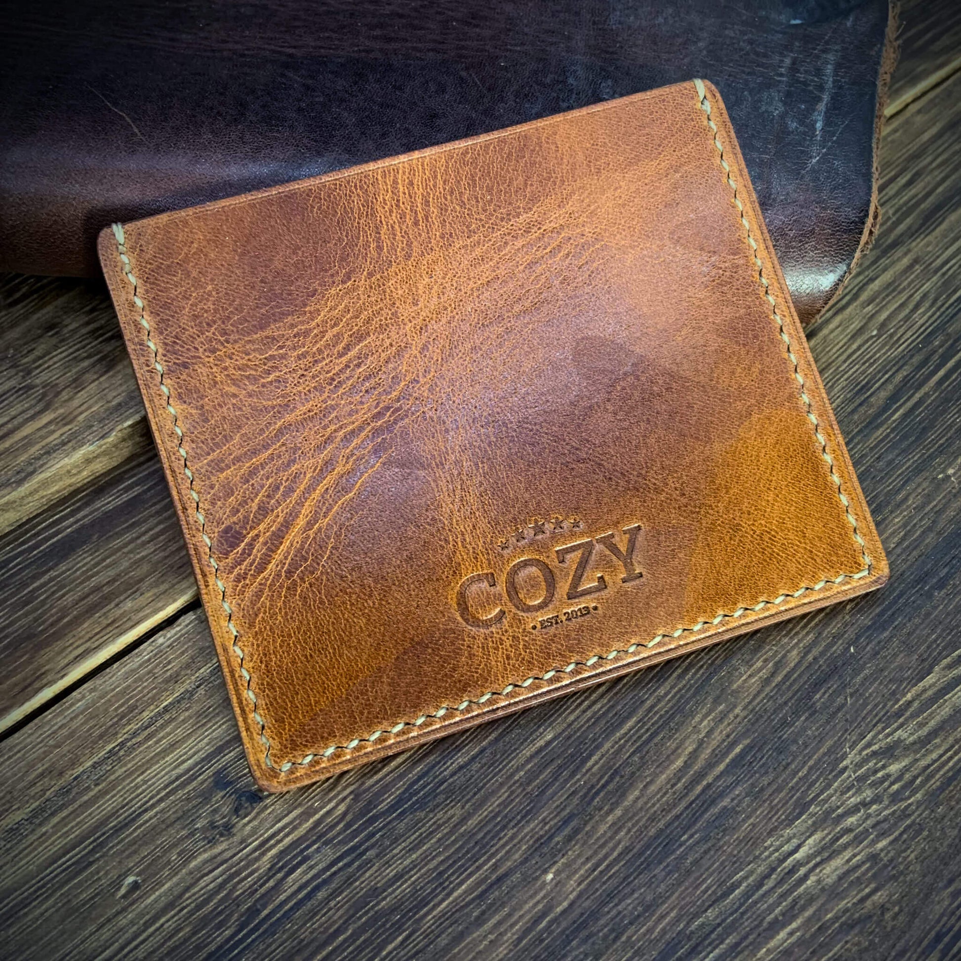 COZY Handmade Everyday Card Wallet in Military 102 showing embossed COZY Est. 2013 stamp — full grain veg tan leather handcrafted in Singapore