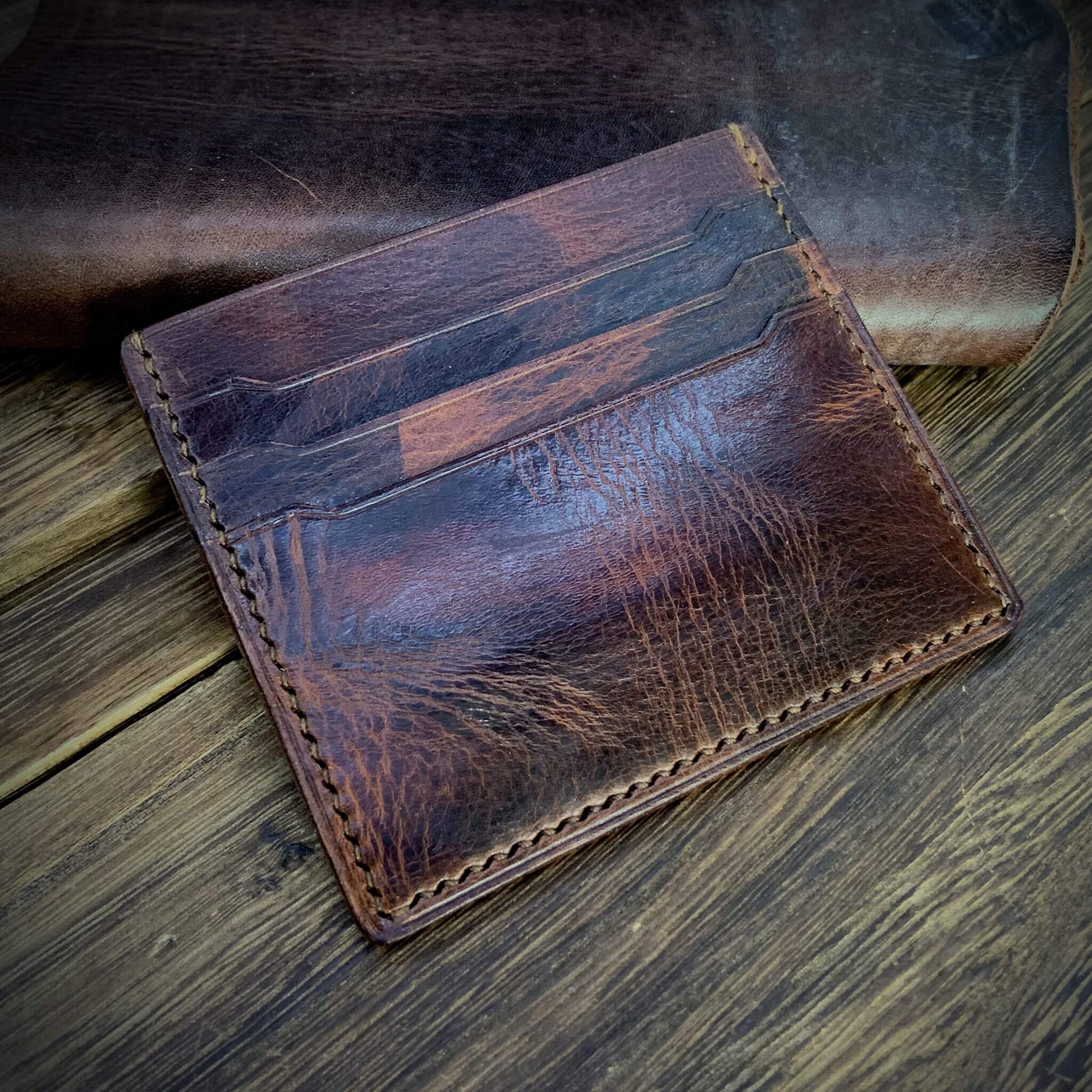 COZY Handmade Everyday Card Wallet in Military 103  — full grain Italian vegetable-tanned leather, 3 card slots, center cash pocket, hand-stitched, made in Singapore
