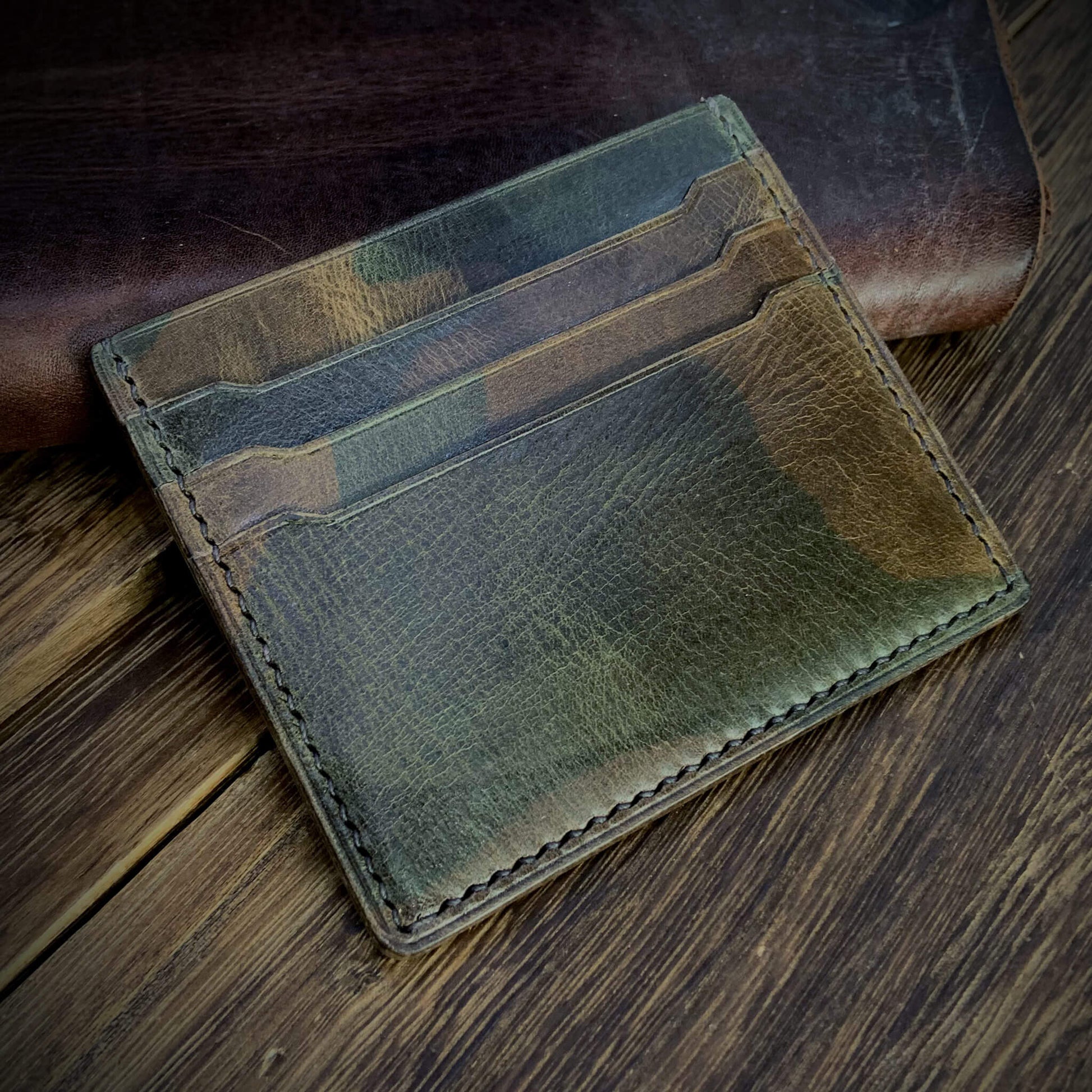 COZY Handmade Everyday Card Wallet in Military 107  — full grain Italian vegetable-tanned leather, 3 card slots, center cash pocket, hand-stitched, made in Singapore