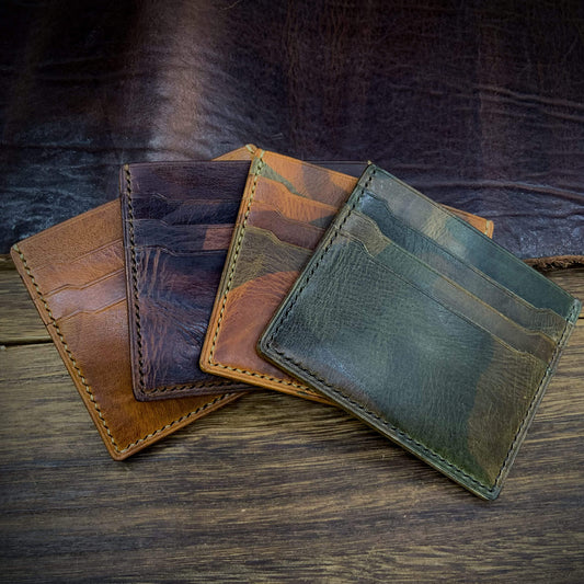 COZY Handmade Everyday Card Wallet in four colourways — military 102, 102, 103 and 107 — full grain Italian vegetable-tanned leather