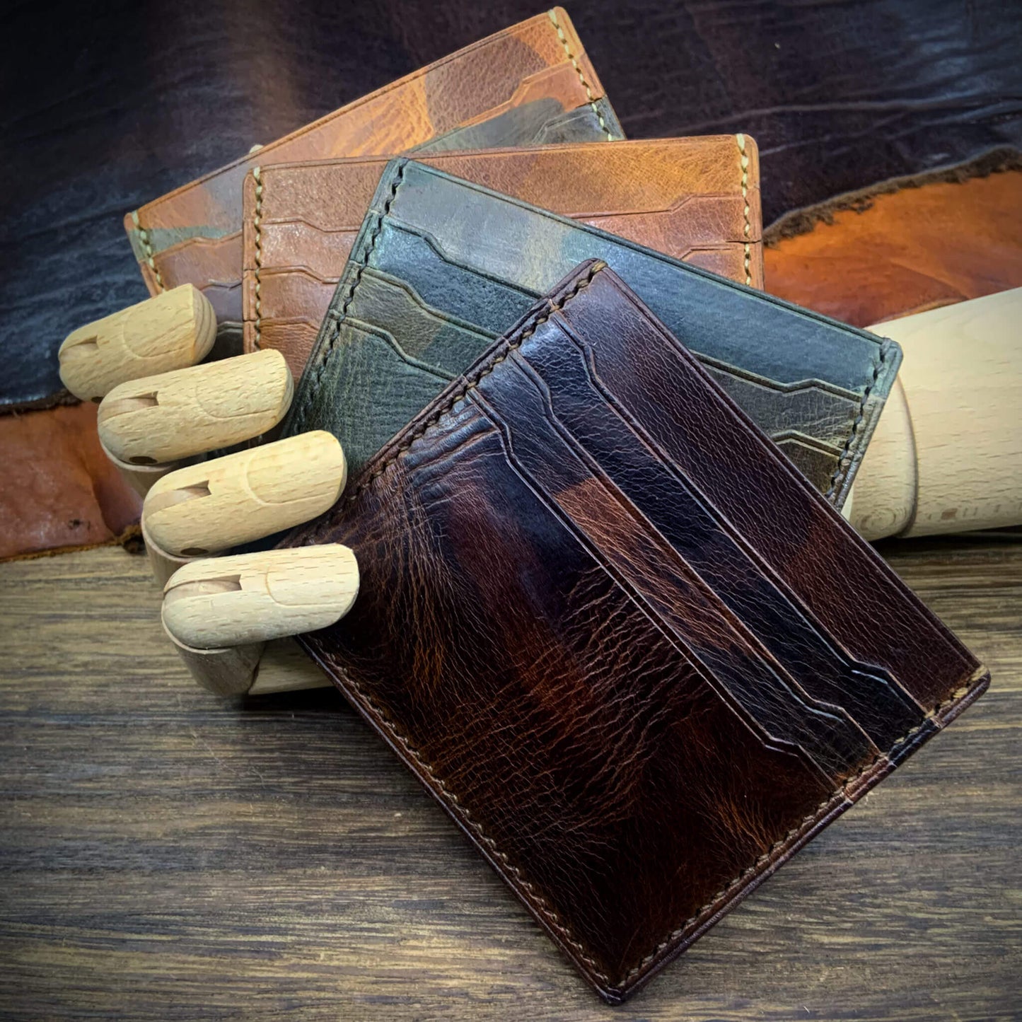 COZY Handmade Everyday Card Wallet in four colourways — military 102, 102, 103 and 107 — full grain Italian vegetable-tanned leather