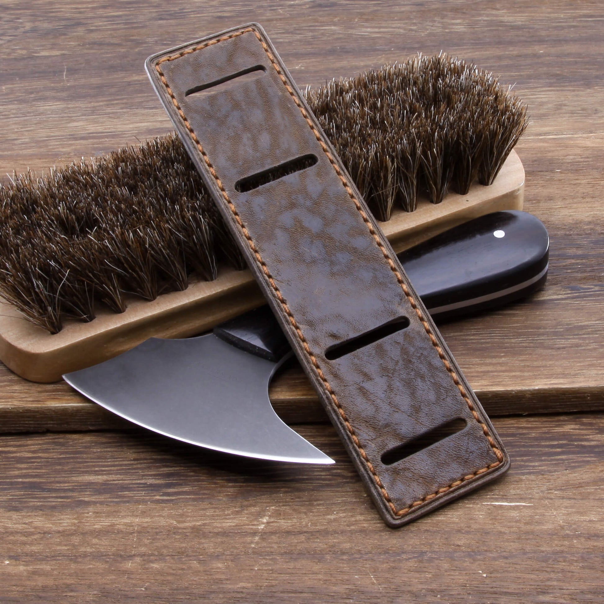 Top view of leather bund pad in Newman Style Vintage 404 Dark Lava Brown | Full stitch construction, made with full grain Italian veg-tanned leather by Cozy Handmade