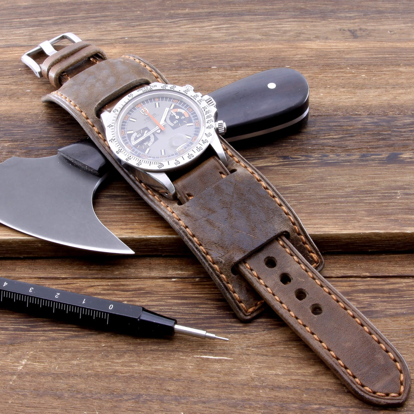 Leather bund pad in Newman Style Vintage 404 Dark Lava Brown (timepiece for illustrative purposes only) | Full stitch construction, made with full grain Italian veg-tanned leather