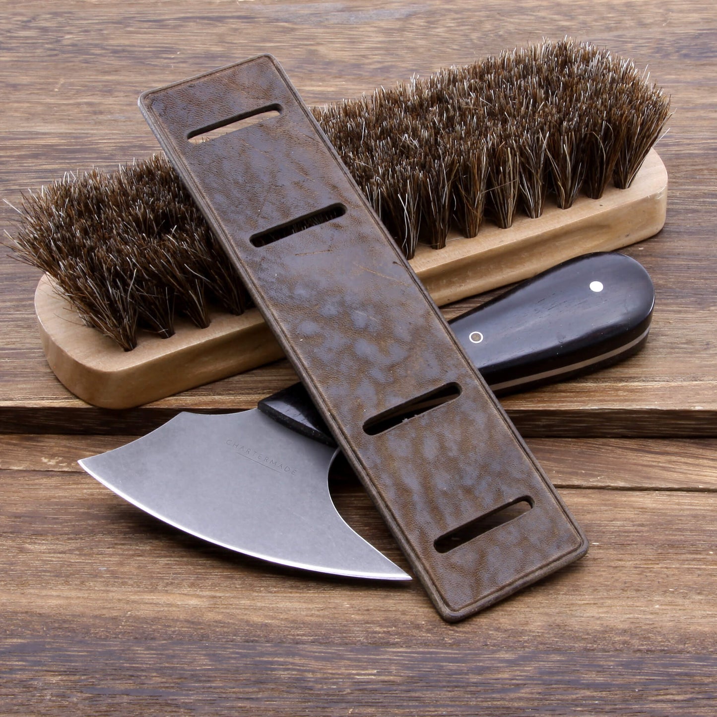 Top view of leather bund pad in Newman Style Vintage 404 Dark Lava Brown | Stitch-less construction, made with full grain Italian veg-tanned leather by Cozy Handmade